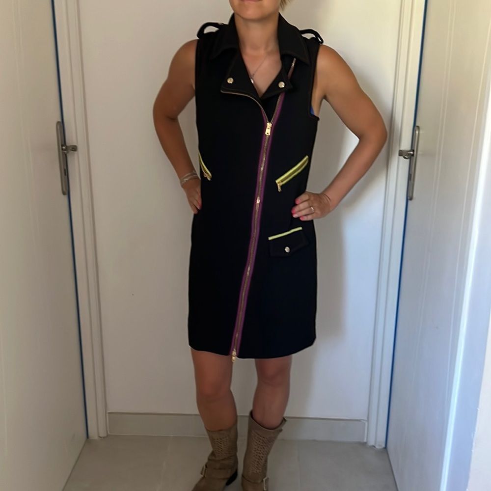 Versus Versace Black Mini Dress with Purple Zipper and Yellow Trim